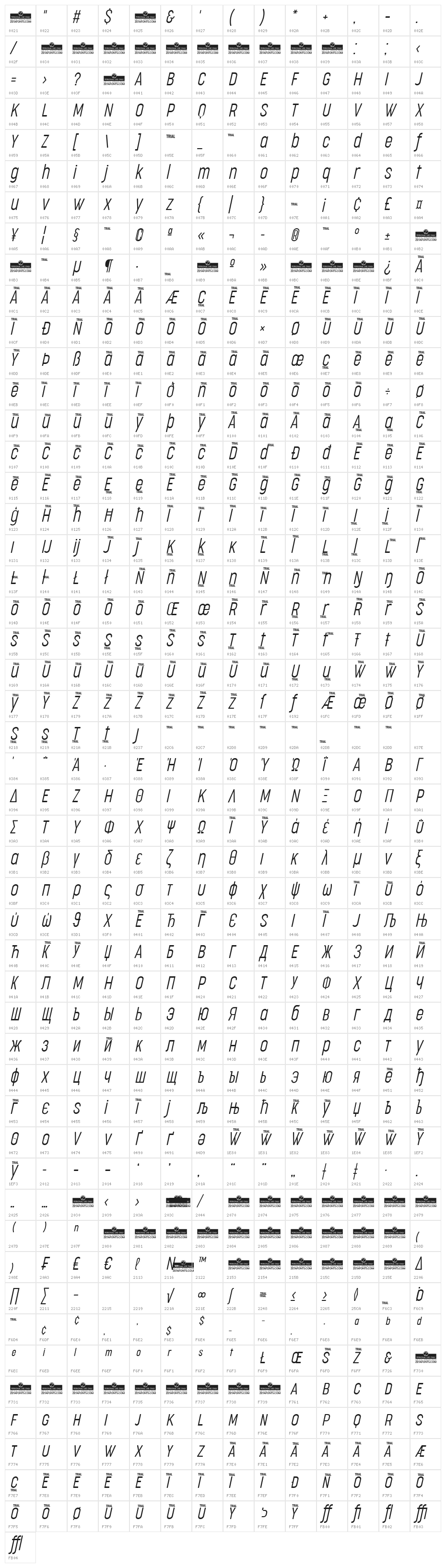 Cocogoose Compressed Trial UltraLight Italic Character Map