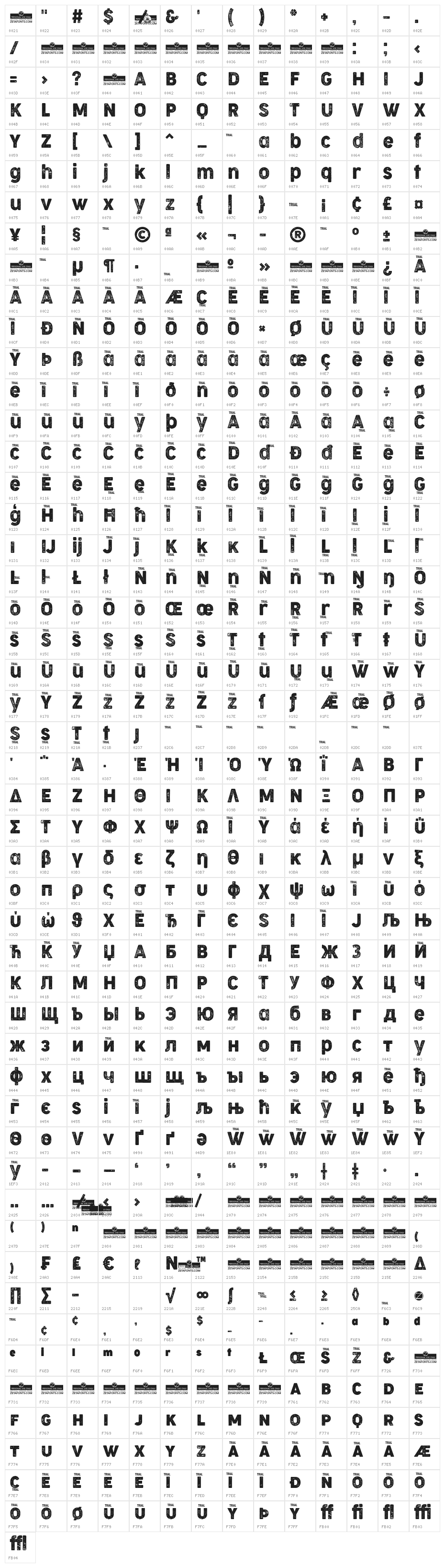 Cocogoose Narrow Letterpress Character Map