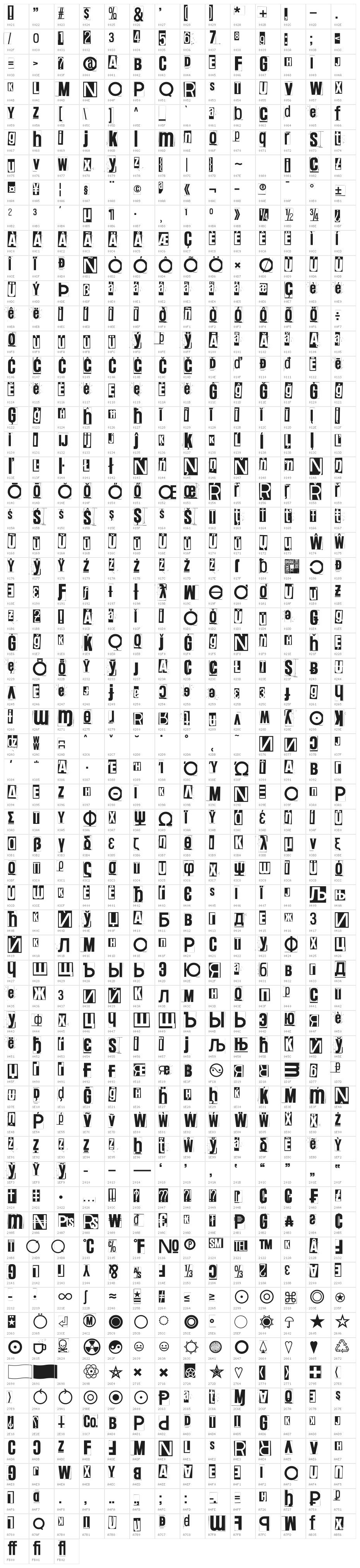 Code 462W/Pink Character Map