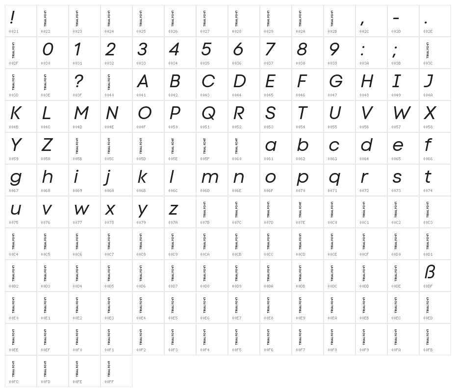 Code Next-Trial Regular Italic Character Map