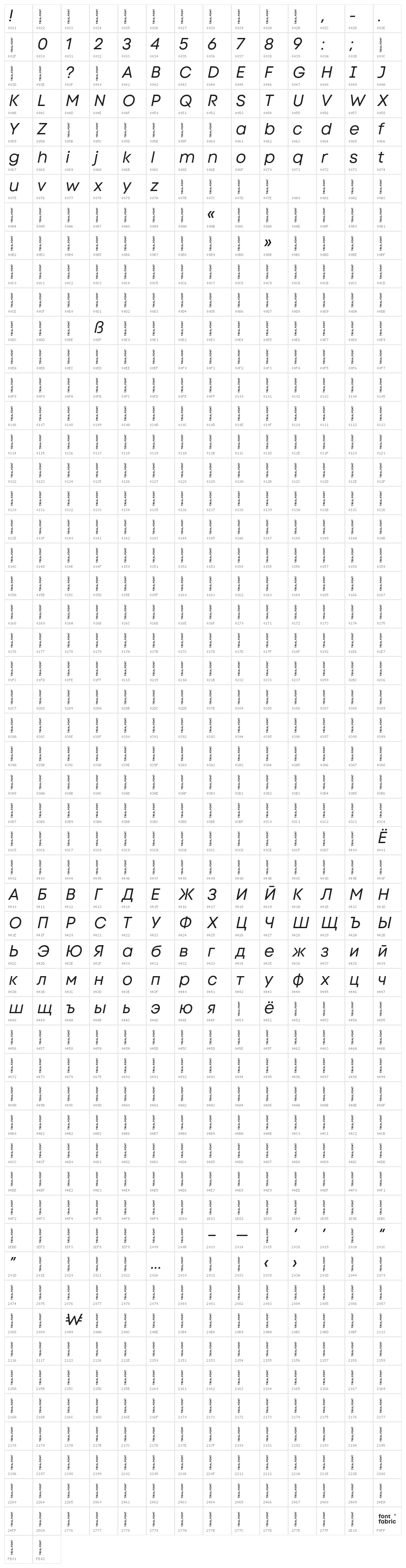 Code Next-Trial Regular Italic Character Map
