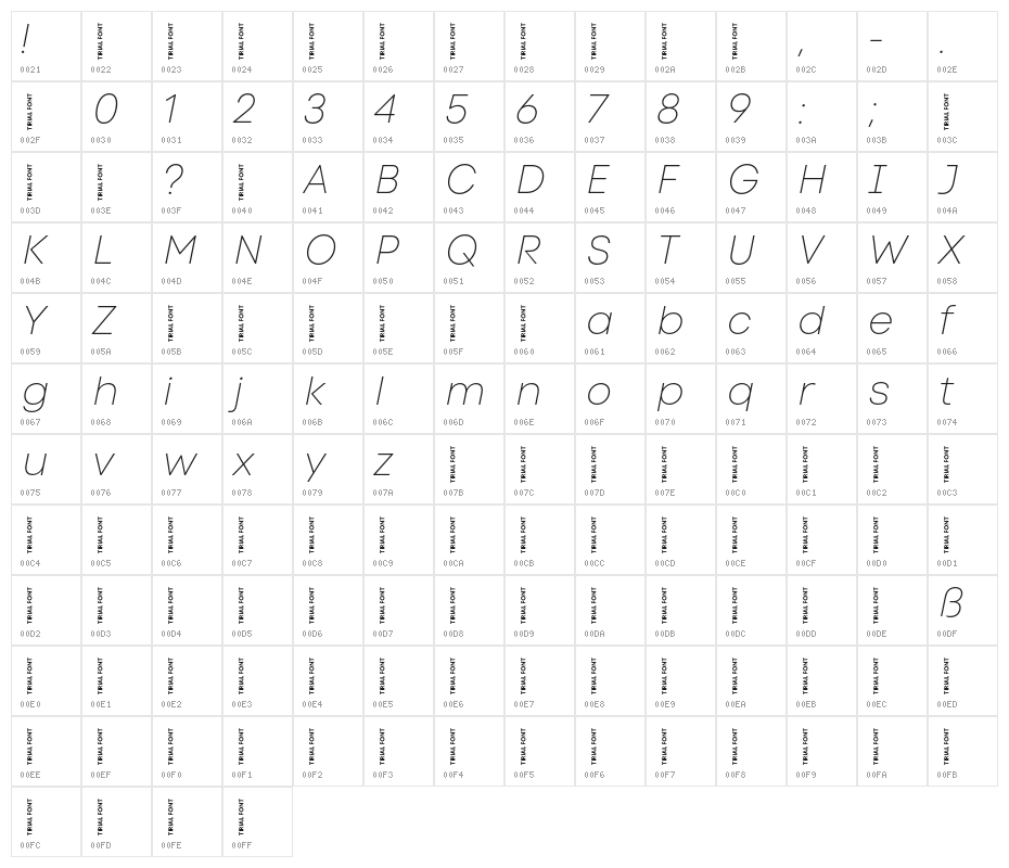Code Next-Trial Thin Italic Character Map