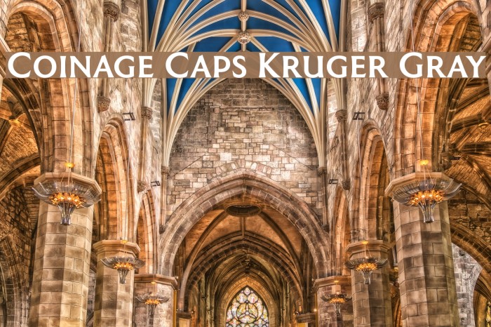 Coinage Caps Kruger Gray Font examples