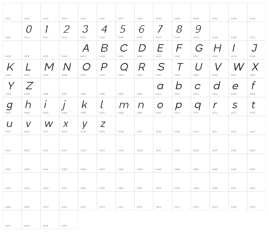 Colasta Light Italic Character Map