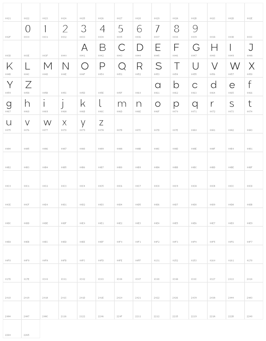 Colasta Thin Character Map