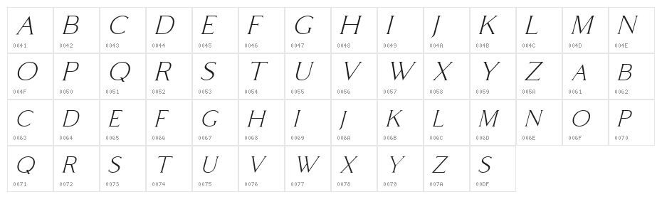 Coldiac Free Italic Character Map