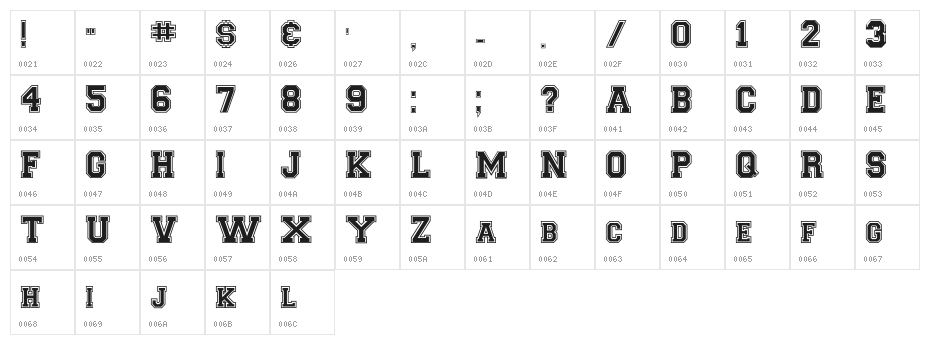 CollegiateHeavyOutline Medium Character Map