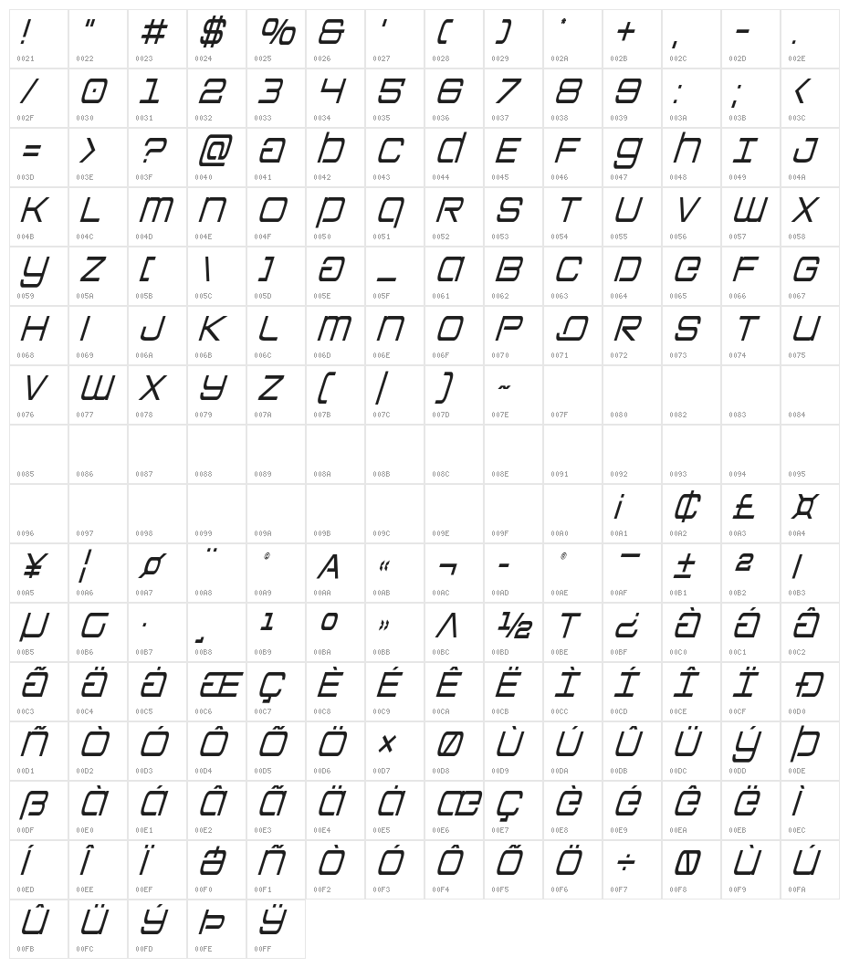 Colony Marines Condensed Italic Character Map