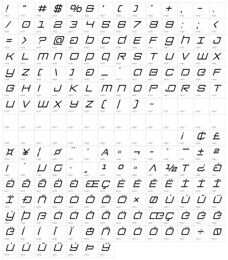 Colony Marines Italic Character Map