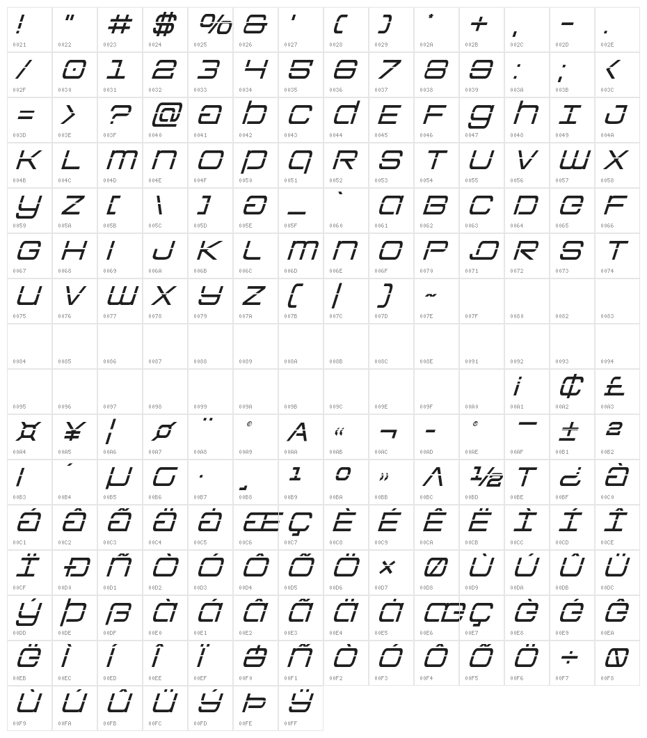 Colony Marines Laser Italic Character Map