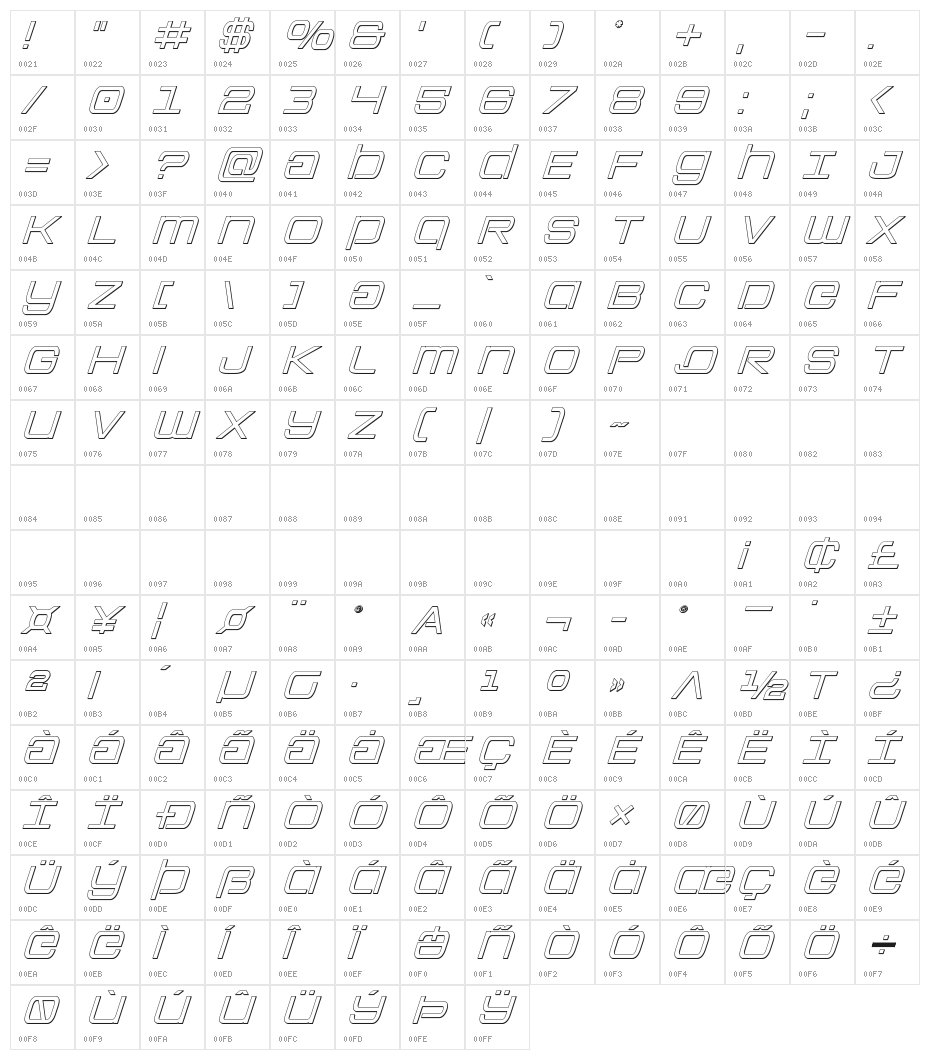 Colony Marines Outline Italic Character Map