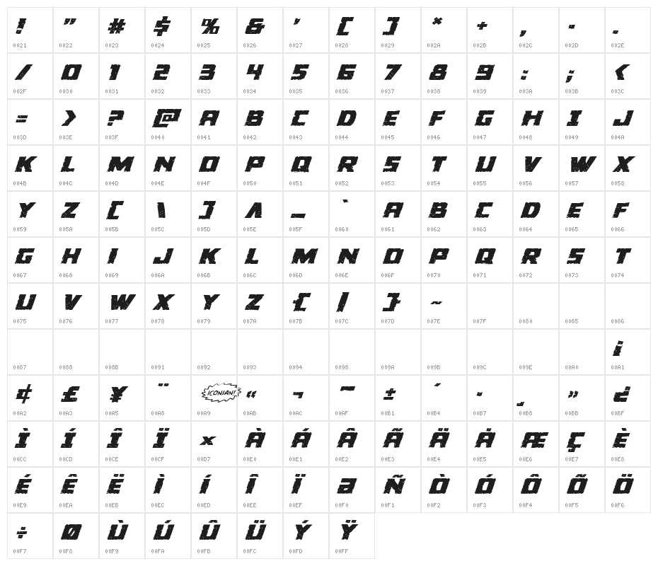 Colossus Expanded Italic Character Map
