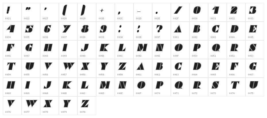 Commanders Outlined Italic Character Map