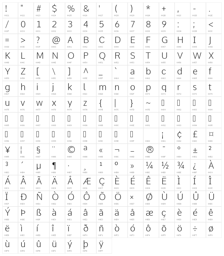 Comme ExtraLight Character Map