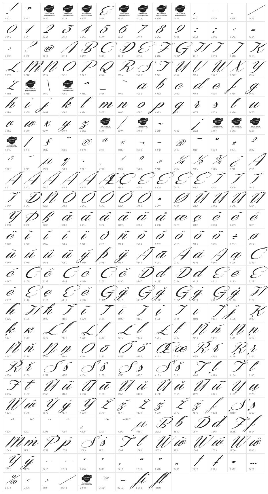 Coneria Script Slanted Demo Character Map