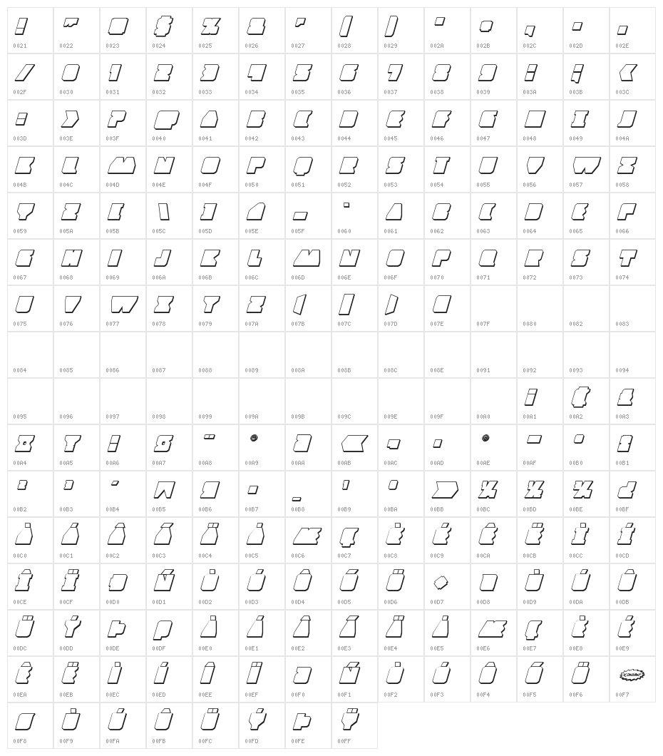 Contour of Duty 3D Italic Character Map