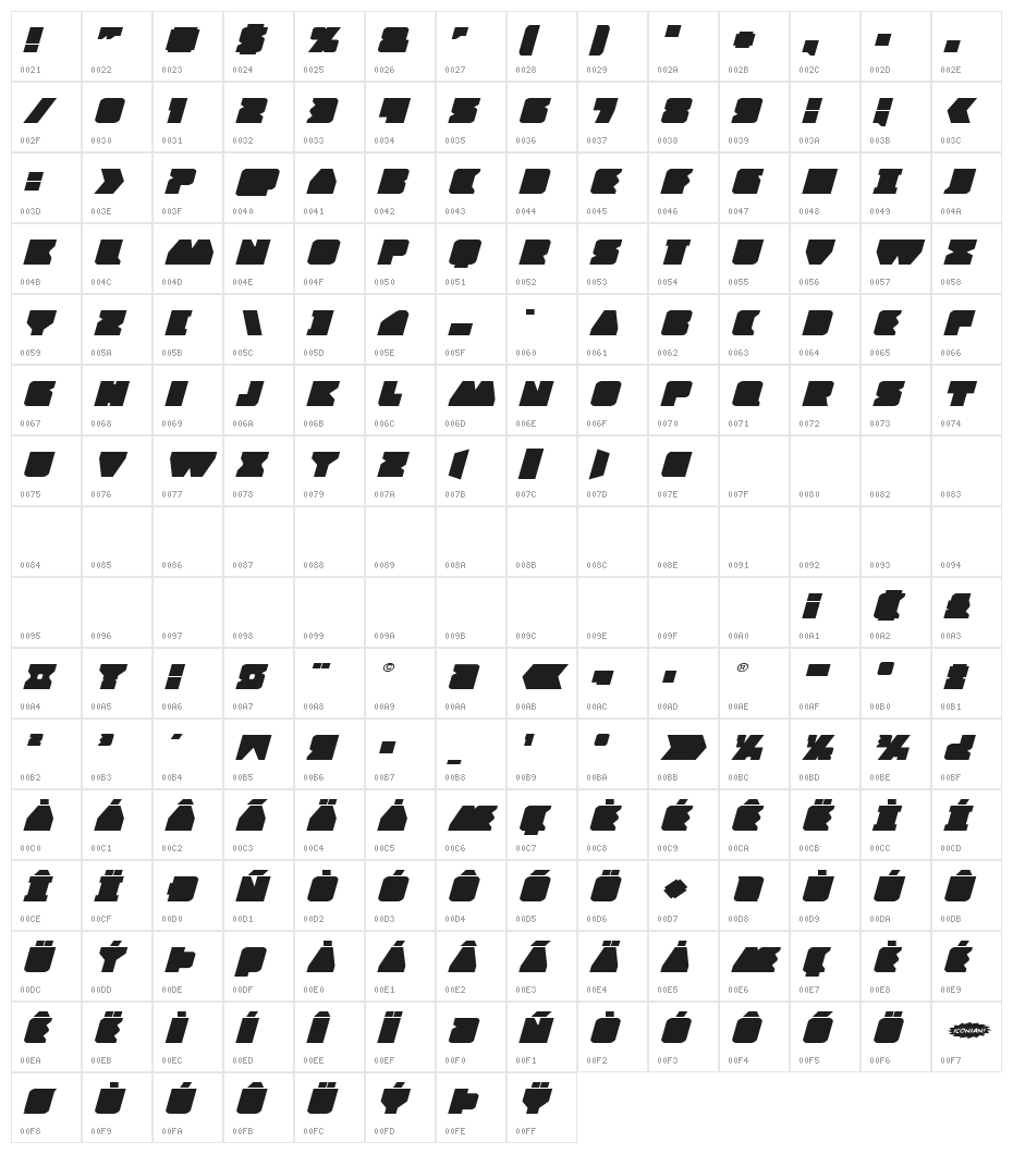 Contour of Duty Expanded Italic Character Map