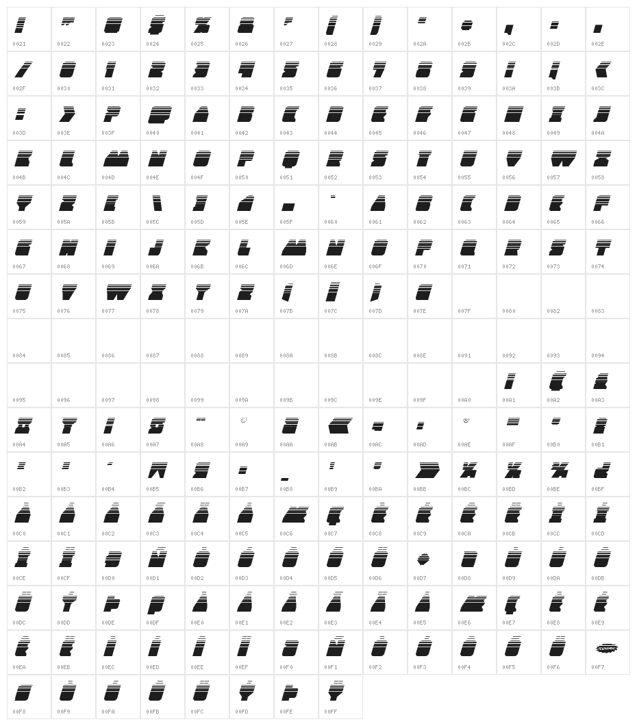 Contour of Duty Halftone Italic Character Map