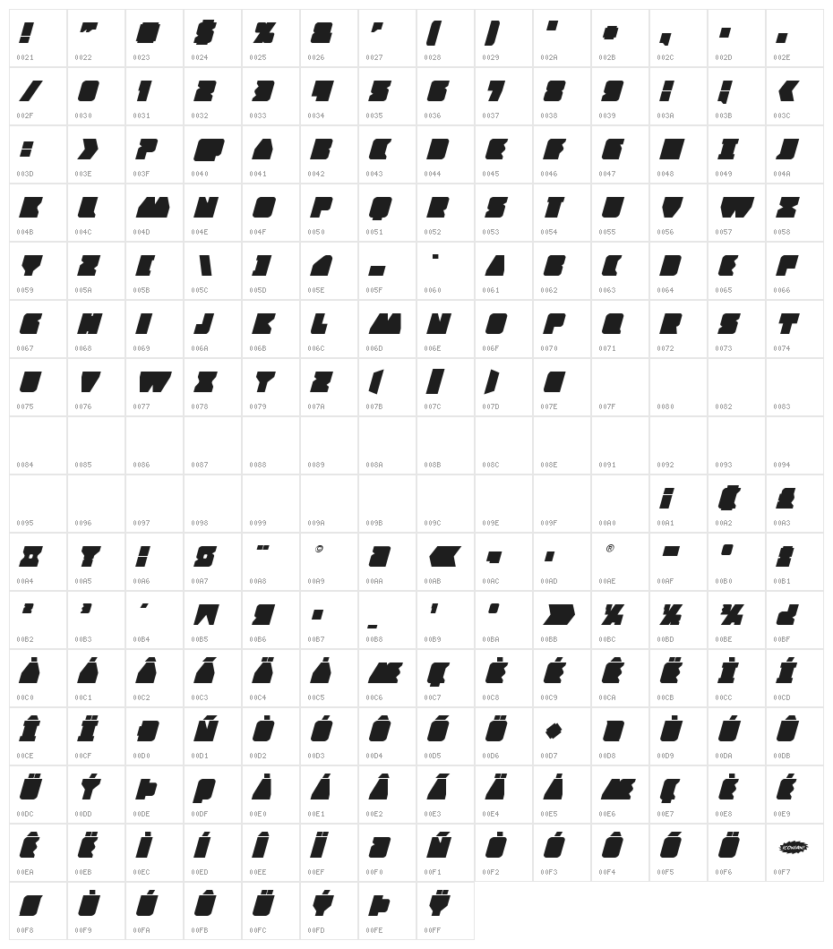 Contour of Duty Italic Character Map
