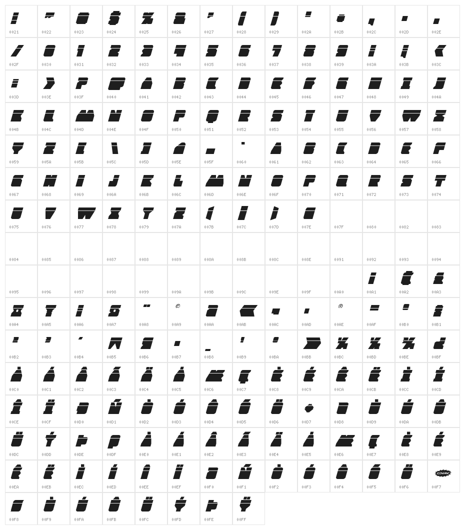 Contour of Duty Laser Italic Character Map