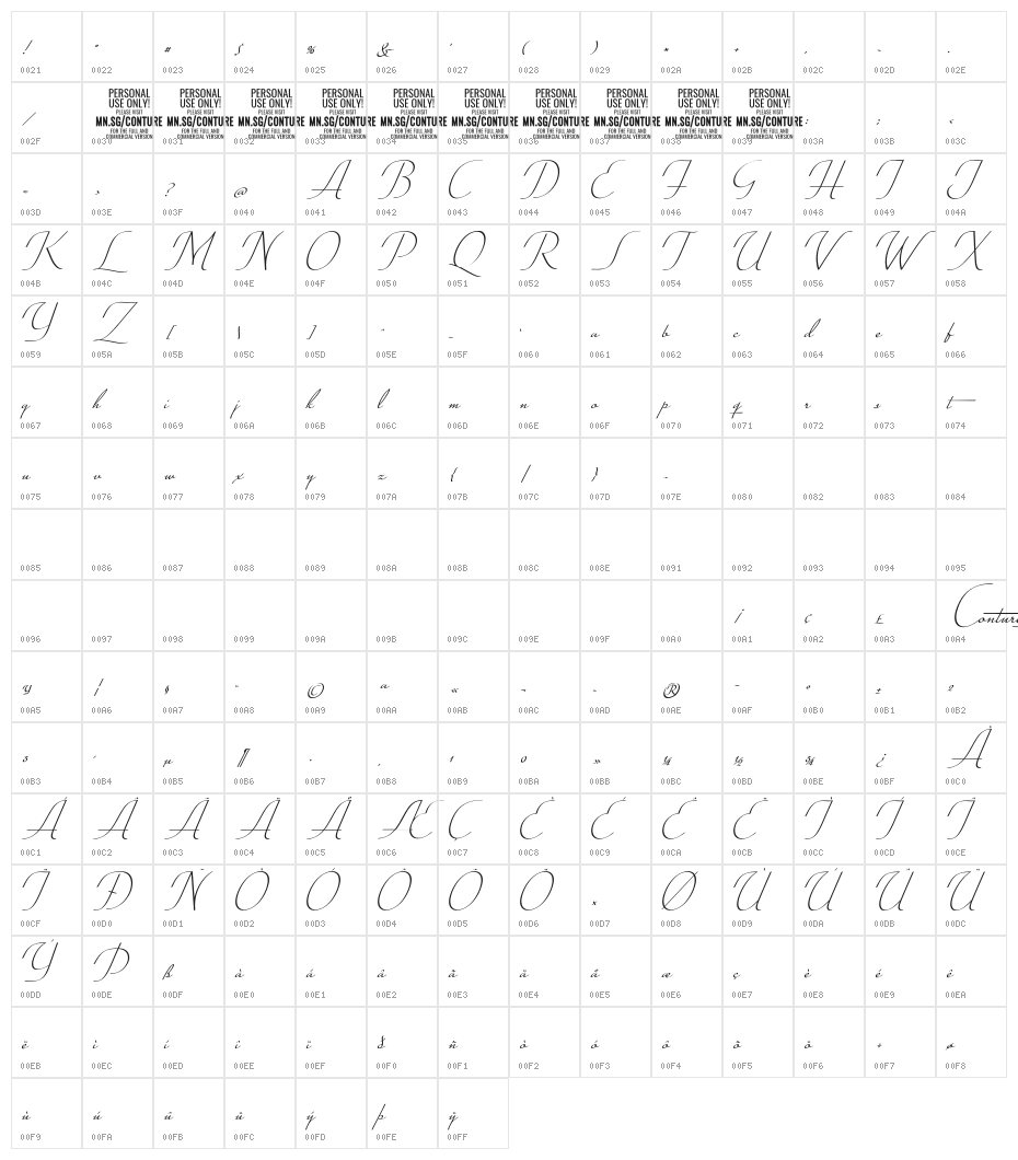 Conture Script PERSONAL USE Character Map
