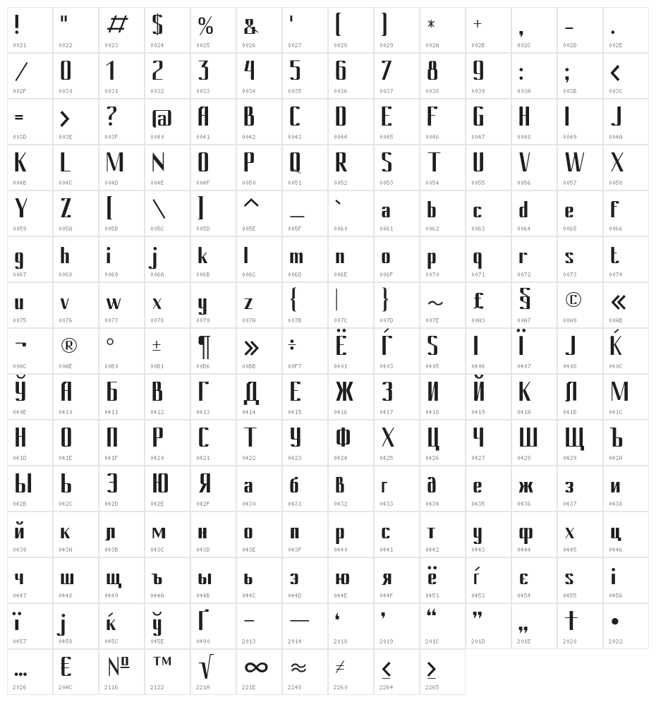 Cony-Bold Character Map