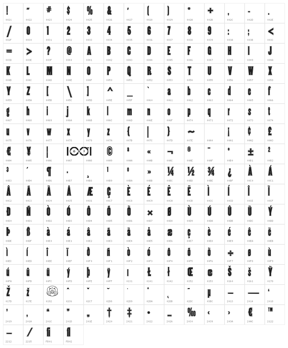 CopperCanyonInlineWBW Character Map