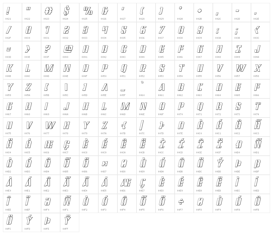 Covert Ops Outline Italic Character Map
