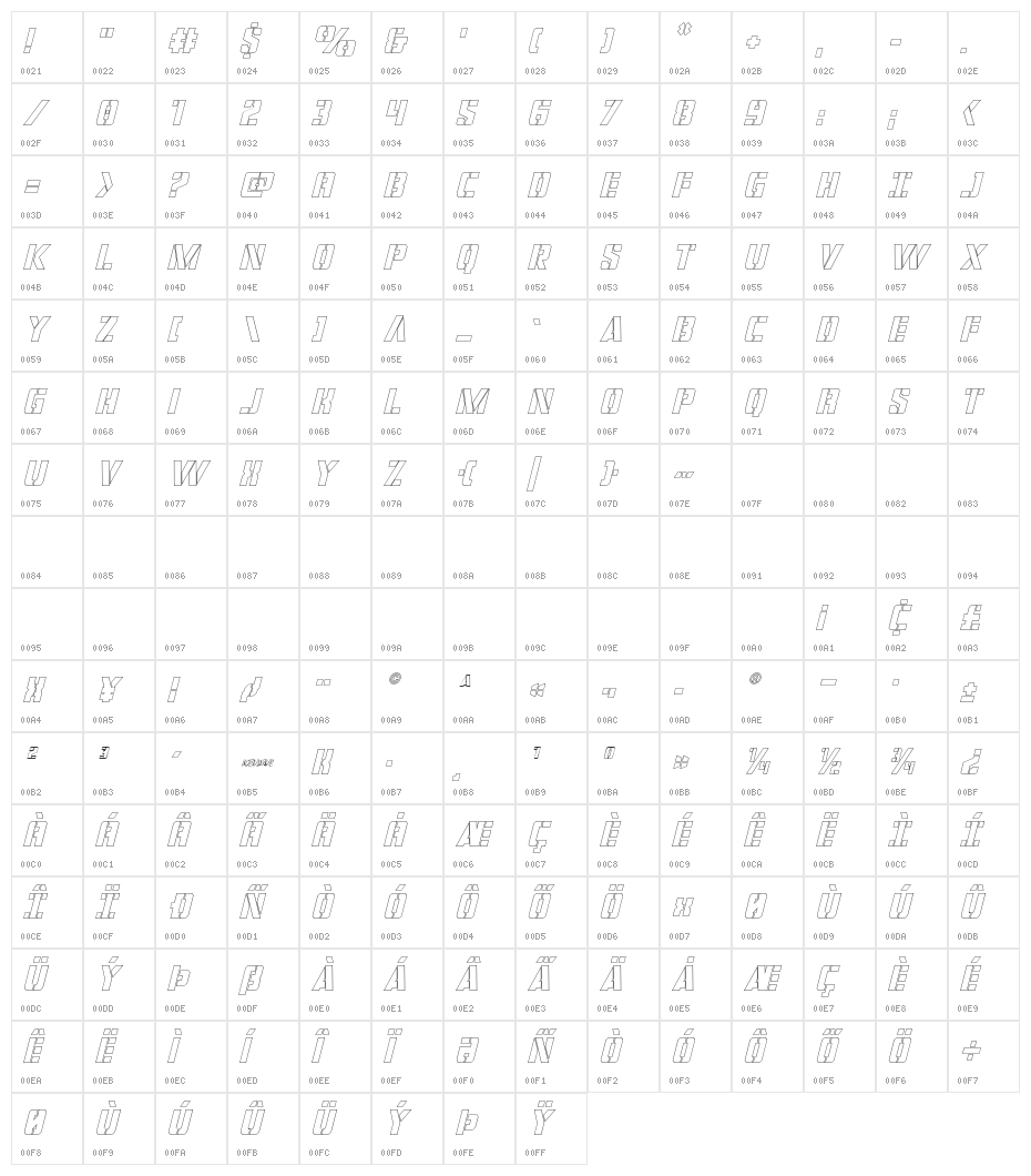 Covert Ops Outline Italic Character Map