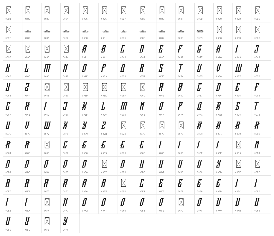 CRAWLER Italic Demo Character Map