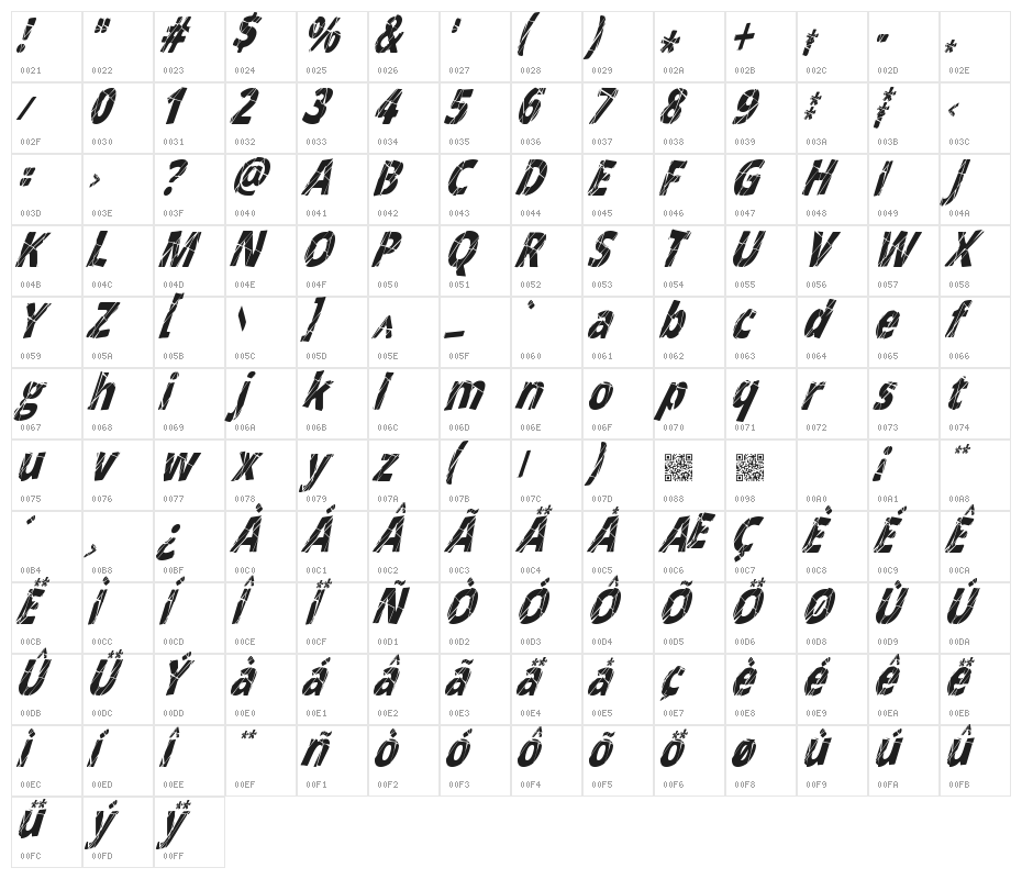 CrackedNarrowItalic Character Map