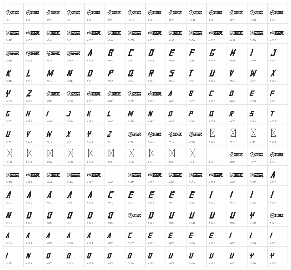 Cracksup Demo Italic Character Map