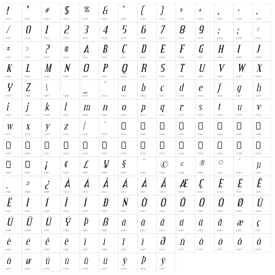 CreditValley-Italic Character Map