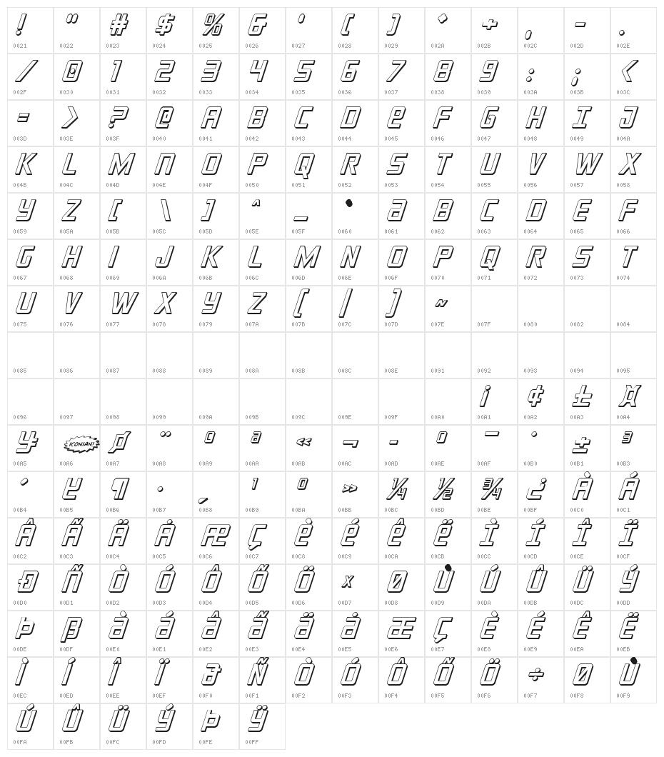 Crixus 3D Italic Character Map