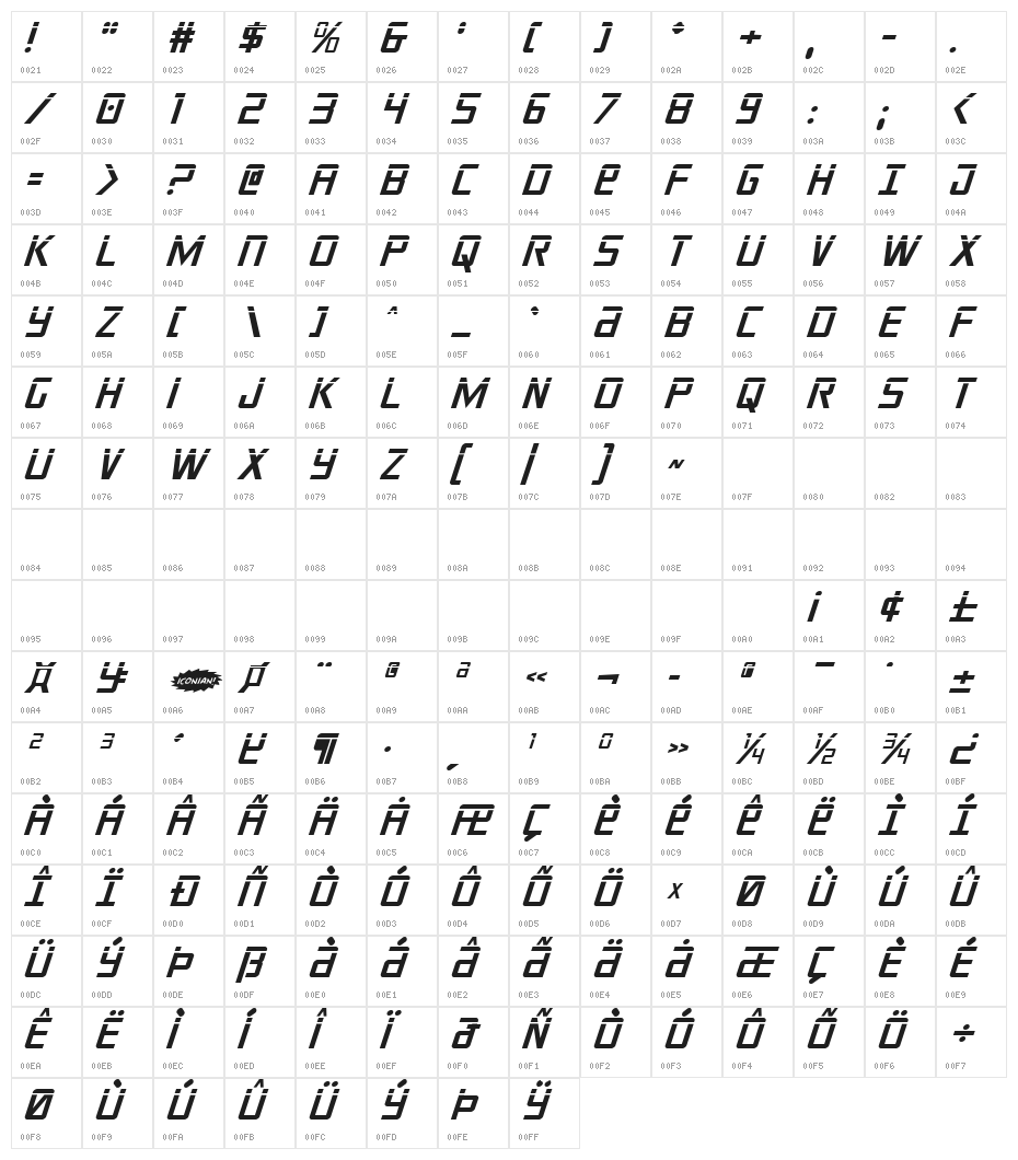 Crixus Laser Italic Character Map