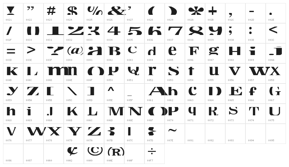 CropFontXtra Character Map