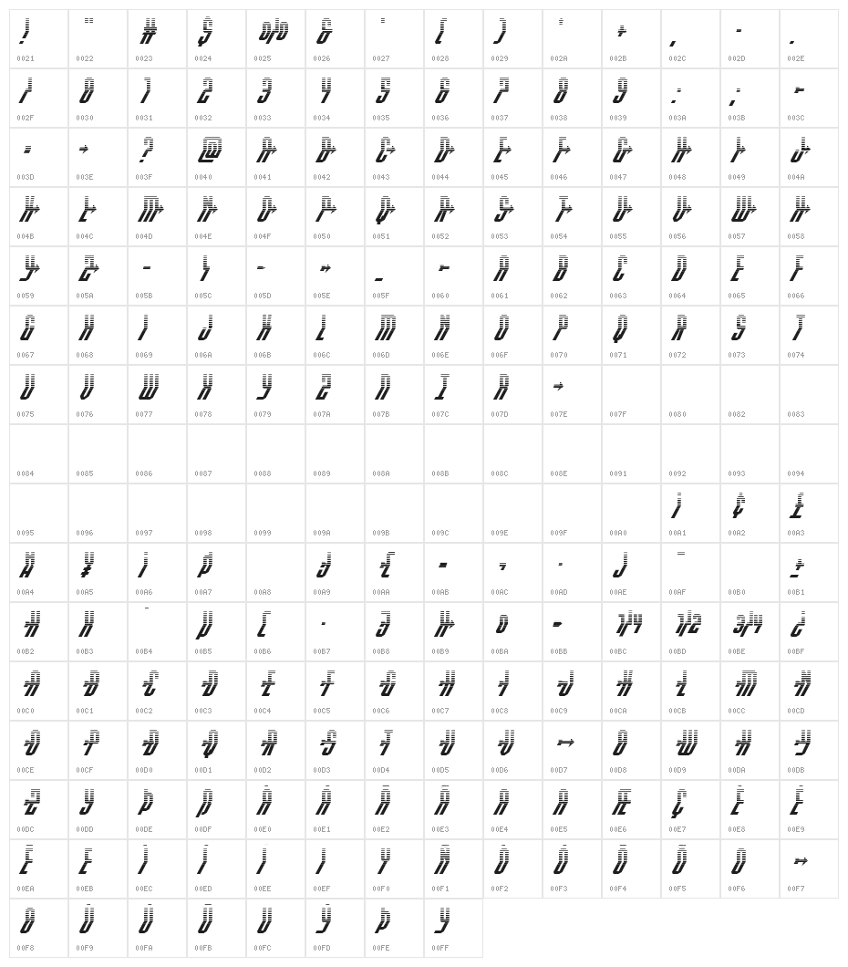 Crossbow Head Halftone Italic Character Map