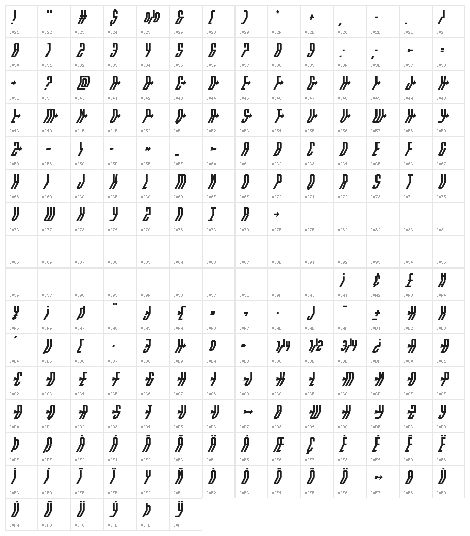 Crossbow Head Italic Character Map