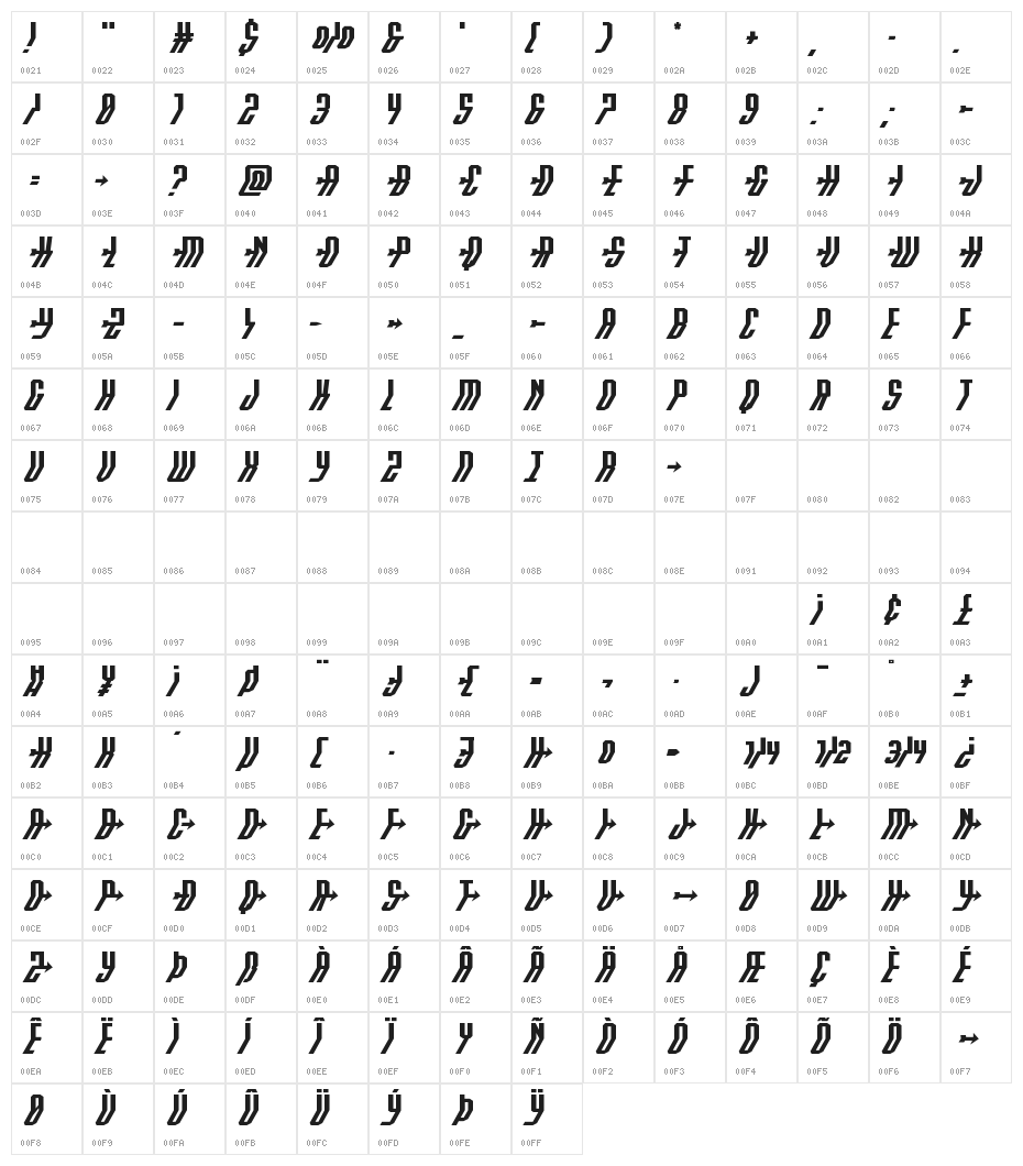 Crossbow Shaft Expanded Italic Character Map