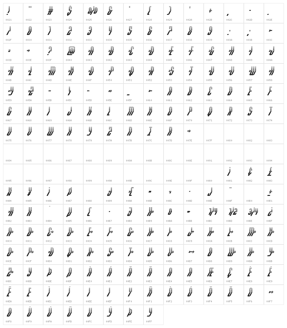 Crossbow Shaft Halftone Italic Character Map