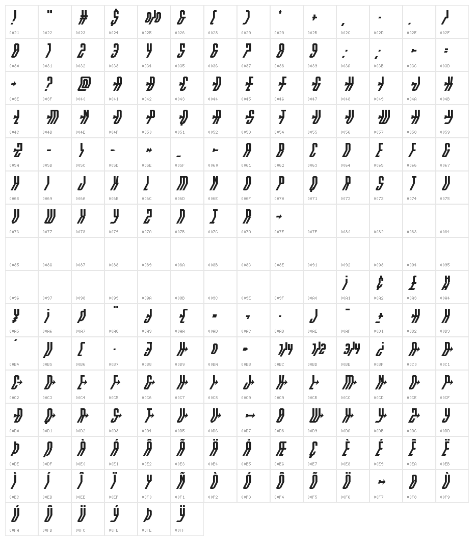 Crossbow Shaft Italic Character Map