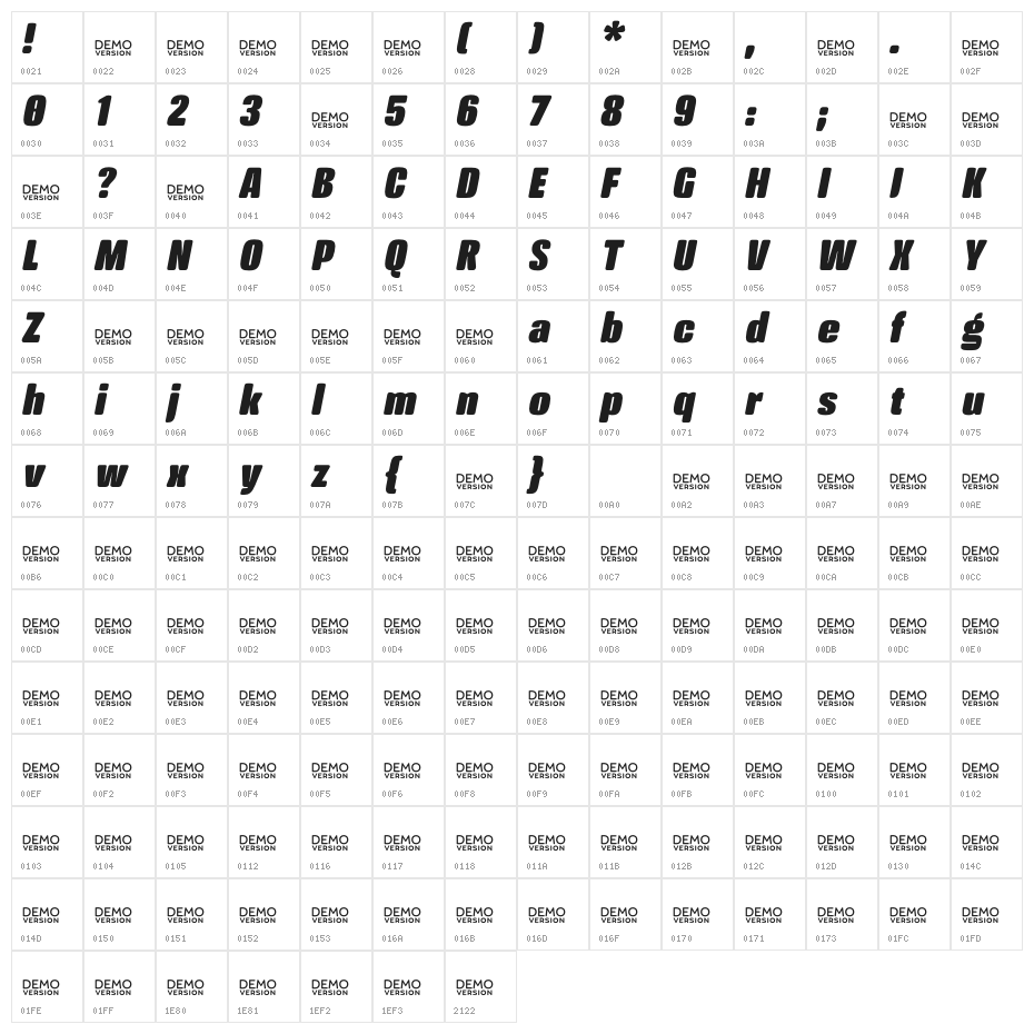 Crossfit Demo Heavy Italic Character Map