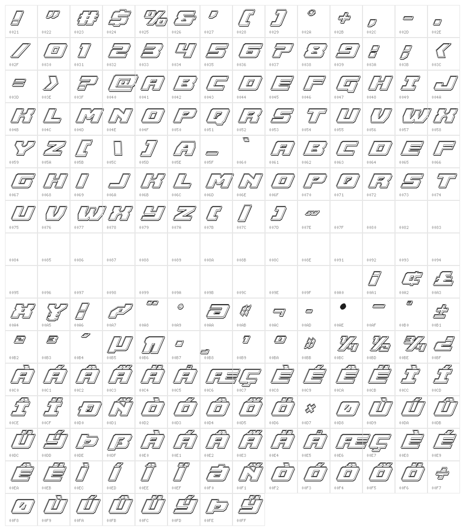 Cruiser Fortress Engraved Italic Character Map