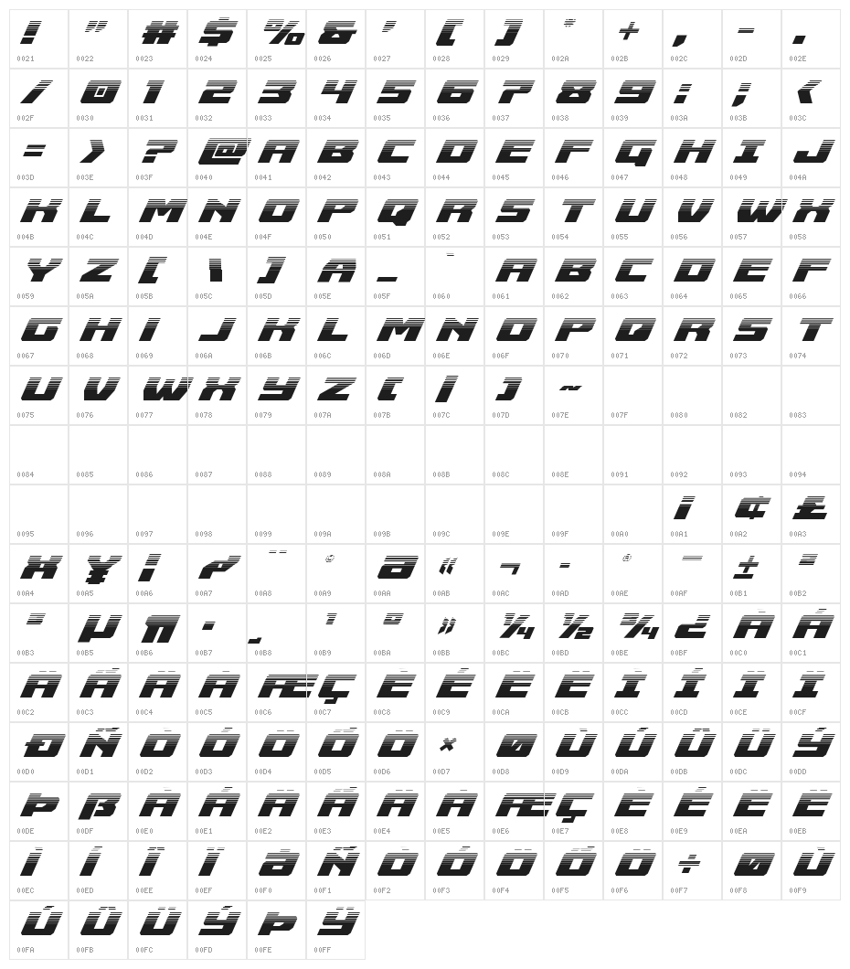 Cruiser Fortress Halftone Italic Character Map