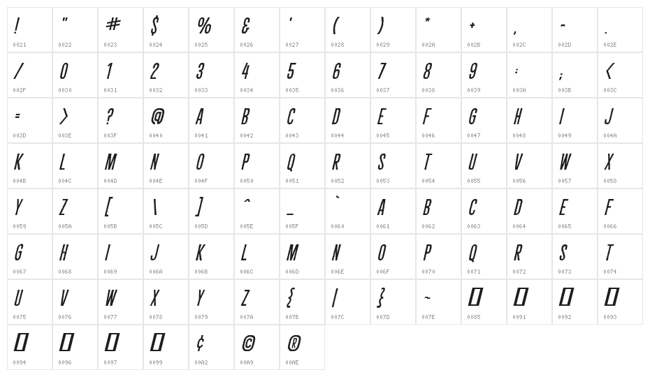 CryptCreep BB Italic Character Map