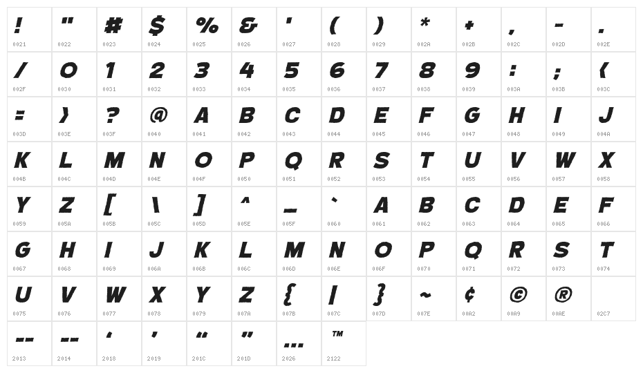 CryptCreepHeavyBB-Italic Character Map