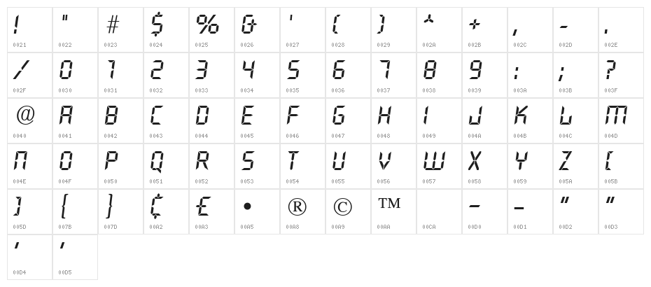 Crystal Italic Character Map