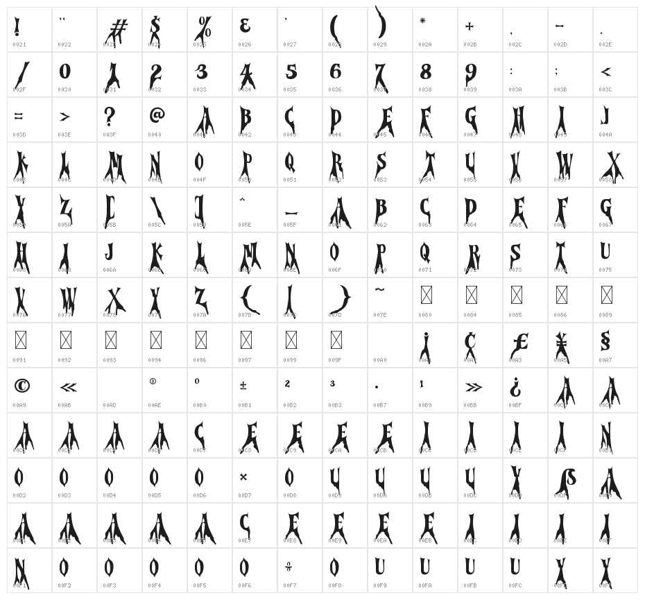 Cursed Gothic Root Character Map
