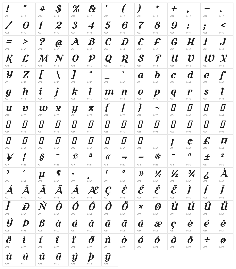 Cursive Serif Bold Character Map