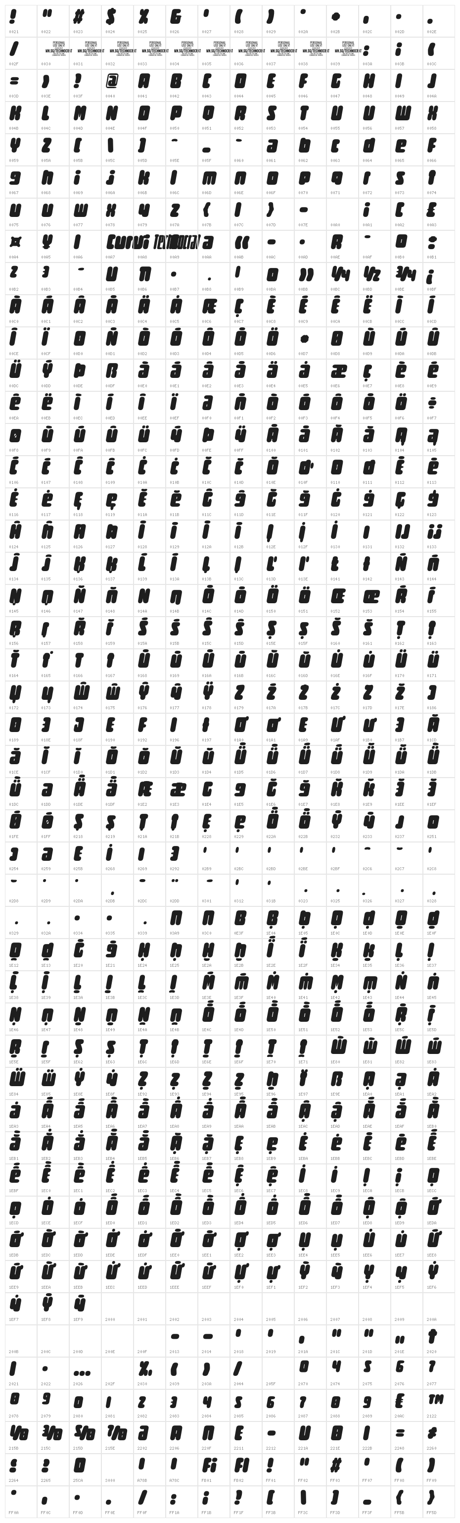 Curvi Technocrat PERSONAL Bold Character Map
